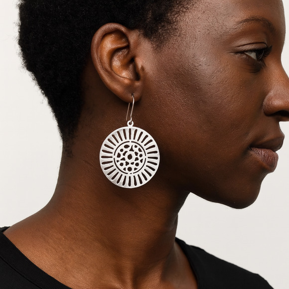 Sterling Silver Sunburst Cutout Dangle Earrings Hook 5.6g Statement Boho - Picture 1 of 13